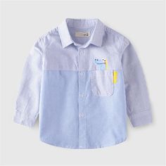 Boys Lapel Striped Dinosaur Splicing Shirt Wholesale - PrettyKid Casual Light Blue Patchwork Tops, Light Blue Patchwork Cotton Top, Blue Collared Shirt With Patchwork, Cute Long Sleeve Patchwork Tops, Cute Long Sleeve Tops With Patchwork, Casual Blue Color Block Shirt, Cute Long Sleeve Blue Tops, Cotton Long Sleeve Shirt With Patchwork, Long Sleeve Cotton Shirt With Patchwork