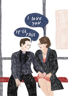 two people sitting on a bench with speech bubbles above them that say i love you it'll pass