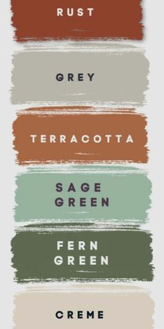 the names of different types of paint on a white background with green, grey, terracotta, sage green and creme