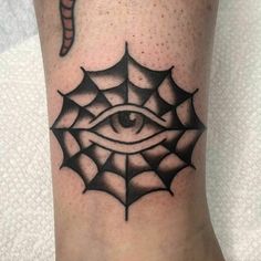 an all seeing eye tattoo on the ankle with spiderweaves and black ink