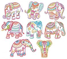 four elephants with different designs on them