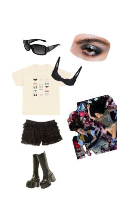 an assortment of clothing and accessories including sunglasses, t - shirt, skirt, boots