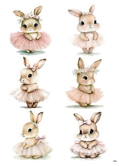 four different pictures of rabbits in tutu skirts