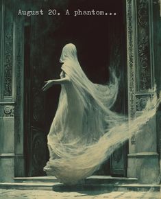 a woman in a white dress is walking out of a door with her veil flowing