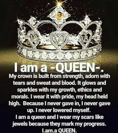 a crown with the words i am a queen written in white and gold on it