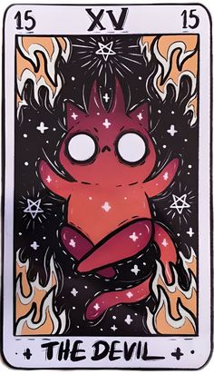 the devil tarot card is shown in red and black