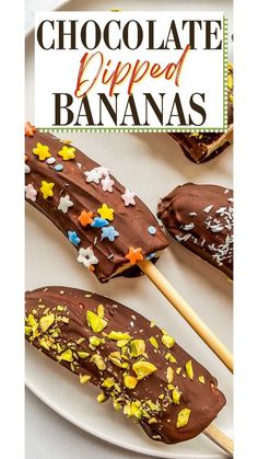 chocolate dipped bananas with sprinkles are on a white plate and the title reads, chocolate dipped bananas