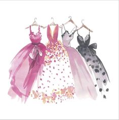 three dresses hanging on a clothes rack with polka dots and pink, purple, black and white colors