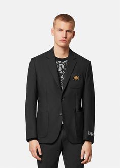 A virgin wool blazer featuring a single-breasted design accented by Medusa Biggie hardware at the chest pocket. The slim-fit sartorial style is partially lined and has a Versace tailoring label at the cuff. Versace Blazer, Sartorial Style, Versace Men, Wool Blazer, Online Design, Chest Pocket, Single Breasted, Accessories Design, Versace