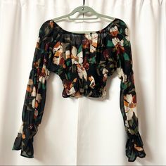 Black Multicolor Floral Chiffon Top Long Sleeve Blouse With Floral Pattern Ruffle Flare Sleeve Shirt Flared Sleeve Blouse Lightweight, Wrinkle Resistant Material Polyester One Size Fits Like A Small-Medium New #Businessattire #Officewear #Backtowork #Interviewclothes #Businesscasual #Minimalist #Oldmoney #Newmoney #Retro #Y2k #Barbiecore #Balletcore #Cottagecore #Vintage #Fairycore #Academia #Kawaii #Grunge #Goth #Pastel #Mermaidcore #Dollskill #Kidcore #Madewell #Egirl #Urbanoutfitters #Princes Black Chiffon Tops For Spring, Trendy Chiffon Blouse With Floral Print, Casual Ruffled Chiffon Blouse, Casual Chiffon Blouse For Fall, Floral Print Chiffon Top For Parties, Fall Flowy Chiffon Blouse, Casual Black Chiffon Top, Flowy Chiffon Blouse With Floral Print, Flowy Chiffon Blouse For Fall