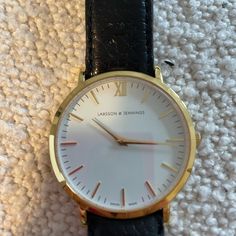 Black Leather Wristband With Yellow Gold And White Face Barely Worn Watch Larsson And Jennings Watch, Leather Watch Bands With Adjustable Strap, Rectangular, Leather Wristbands, White Face, Accessories Watches, Black Leather, Women Accessories, Yellow Gold, Yellow