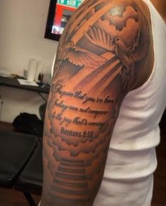 Bible Verse Tattoos For Men Shoulder, Forearm Half Sleeve Tattoos, Top Of Forearm Tattoo, Shoulder Tattoo Men Ideas, Upper Shoulder Tattoo Men, Upper Shoulder Tattoo Men Ideas, Upper Arm Tattoos For Guys, Shoulder Tattoo Men, Upper Shoulder Tattoo