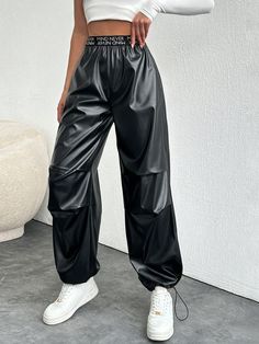 Women's Pu Leather Joggers With Drawstring And Letter Printed Side Stripe Black Casual   Woven Fabric Plain Harem/Genie Slight Stretch  Women Clothing, size features are:Bust: ,Length: ,Sleeve Length: