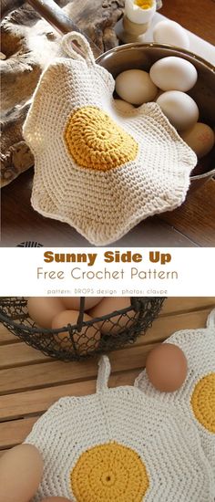 a crocheted bag with eggs in it and the text sunny side up free crochet pattern