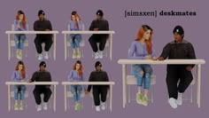 multiple images of people sitting at desks with hats on