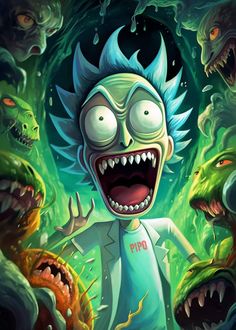 an image of cartoon character with monsters surrounding him