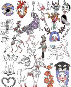 an image of various tattoos on a white background with flowers and animals in the middle