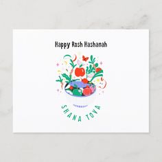 a card with the words happy rosh hashanah written on it and vegetables in a bowl