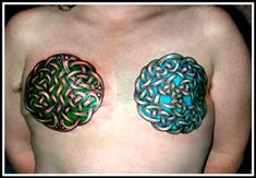 an image of two different tattoos on the chest and shoulder, one is made out of metal