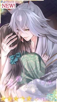 an anime character with long white hair and gray hair, holding her hand up to her face