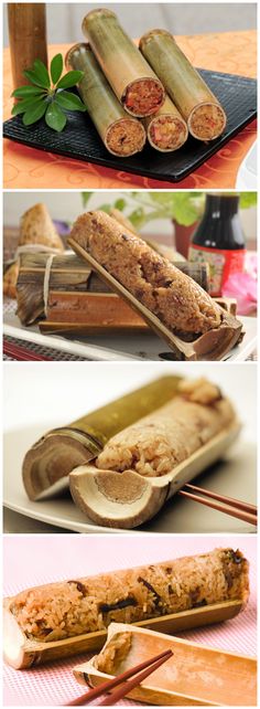 several different types of food are shown in this collage, including rice sticks and other foods