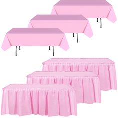 pink tablecloths and tables with black legs are shown in three different positions, including one for the center