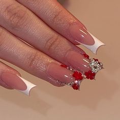 Simple Red Acrylic Nails Square, Gold Red And White Nails, Red Nails Ideas For Prom, Rhinestone Nail Designs Simple, Red Bling Nails Short, Red Nails For Birthday, Red French Tip Nails With Diamonds, Red Rhinestone French Tip Nails, Latina Nail Designs Red