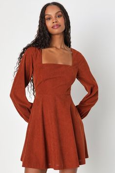 Daily Affection Rust Orange Corduroy Mini Dress With Pockets Fall Dress Patterns, Rust Brown Outfit, Thanksgiving Outfits Women Dresses, Winter Dresses Casual, Printed Frocks For Women, Frock Suit Ideas, Casual Fall Dresses, Copper Autumn, Long Sleeve Dresses Fall