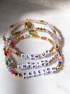 Comparison is simply a distraction from your own glow up. Hand-crafted using fine-cut stones and acrylic letter beads Gold-plated brass hardware Elastic stretch bracelet Handle with Care - do not wet Little Words Project Little Words Project® encourages women to both be kind to themselves and to others. The handcrafted bracelets are each made with a different inspirational word. Each bracelet features a tag inscribed with a registration code. This code is used to register your bracelet which ent Letter Bracelet Beads, Little Words Project, The Future Is Bright, Motivational Bracelets, Letter Bead Bracelets, Future Is Bright, Word Bracelet, Acrylic Letters, Bead Charms Diy