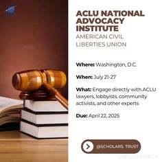 an image of a judge's gavel on top of books with the words, aclu national advocacy institute american civil liberies union