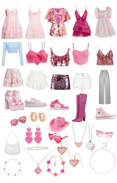 barbie doll clothes and accessories are arranged on a white background, including shoes, bras, skirts, necklaces, bracelets