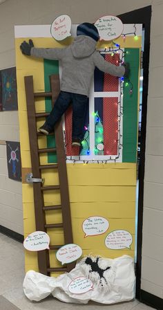 a man climbing up the side of a ladder