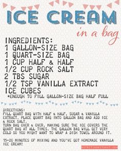 an ice cream bag label with instructions for how to use it and what to put in it