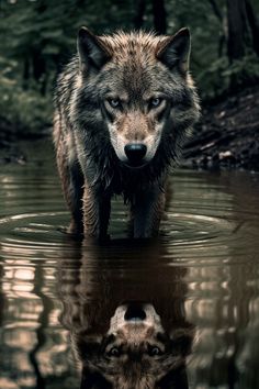 a wolf is walking through the water with its reflection in it's body,