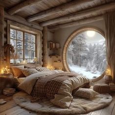 an image of a bedroom setting with snow outside the window and lights on the floor