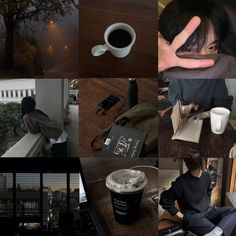 there is a collage of pictures with coffee, books and other things on the table