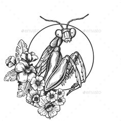 an insect sitting on top of flowers in the center of a circular frame - animals characters