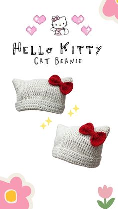 two crocheted hats with bows on them and the words hello kitty cat beanie written