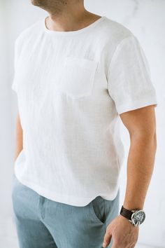 Men's linen shirt with short sleeves and pocket on the chest, white basic washed soft linen summer shirt Casual White Linen Shirt, Everyday White Linen T-shirt, White Short Sleeve Shirt With Pockets For Spring, White Relaxed Fit Short Sleeve Shirt With Pockets, White Short Sleeve Shirt With Pockets In Relaxed Fit, Casual White Linen Short Sleeve Shirt, Relaxed Fit Linen Short Sleeve Shirt For Everyday, Classic Linen T-shirt For Summer, Casual Linen T-shirt For Summer