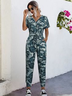 Women's 2024 V-Neck Camouflage Print Short Sleeve Jumpsuit Overall One Piece Casual Camouflage Jumpsuits And Rompers For Spring, Casual Camouflage Jumpsuit For Spring, Camouflage Jumpsuits And Rompers For Summer, Fitted Camouflage Casual Jumpsuit, Men Jumpsuit, Short Sleeve Jumpsuit, Women Jumpsuit, Flag Outfit, Cheap Clothing