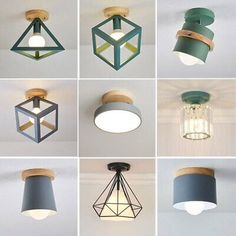 several different types of lights hanging from the ceiling in various shapes and sizes, including one light