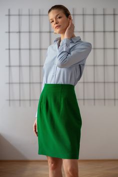 Buy 3 items and get 30% off your entire order. Limited offer. All orders are shipped via FedEx. Shipping to the US typically takes 2 to 3 business days, while within the EU, it takes 2 to 6 business days. Vintage 100% wool pencil skirt in bright grass green colour. It features high waist and above-the-knee length. Back zipper & button closure. Lined. Material: 100% wool Condition: great vintage condition Size: best fits size S (pinned at waist for fit, size on tag: 42) Please compare measurement Elegant Green Pencil Mini Skirt, Classic Green Pleated Skirt, Elegant Green Mini Skirt For Office, Green Lined Skirt For Formal Occasions, Formal Green Lined Skirt, Green Formal Skirt For Spring, Elegant Green Mini Pencil Skirt, Green Skirt For Spring Workwear, Green Relaxed Skirt For Work