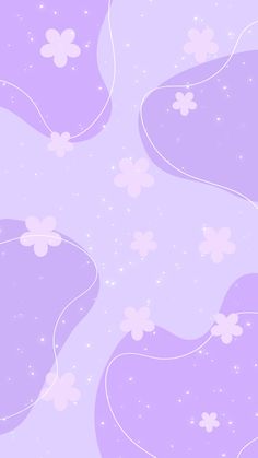 a purple background with white flowers and stars in the sky on it's sides