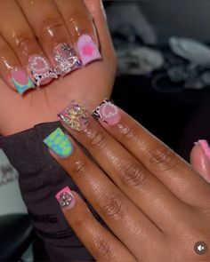 Birthday Duck Nails Acrylic, Birthday Duck Nails, Medium Freestyle Nails, Cute Duck Nails, Freestyle Nails, Natural Nails Manicure, Overlay Nails