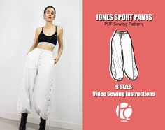 🔅 What is this PDF sewing pattern? Wide leg sports pants sewing pattern with snap buttons on the sides. Influence pants design pattern of basketball. It is a high-waisted pants with elastic and drawstring. It also has side pockets and elastic at the bottom of the legs. ❕ SKILL: 3/5 🔅 9 DIFFERENT SIZES | 36 - 38 - 40 - 42 - 44 - 46 - 48 - 50 - 52 ❕ Check the size chart measurements in the product images. ❕ If you have doubts between two sizes pick the bigger one and adjust the pattern where nee Pant Pattern, Simple Sweatshirt, Pants Sewing, Trendy Pants, Loose Fit Blouse, Pants Sewing Pattern, Maxi Dress Pattern, Cuffed Pants, Sports Pants