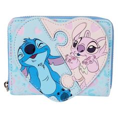 a wallet with cartoon characters on the front and side, one has a heart shaped card holder