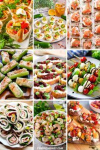 many different types of appetizers are shown in this collage, including salads and finger foods