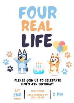 an image of a birthday party with cats and dogs in the foreground, text reads four real life please join us to celebrate levi's 4th birthday