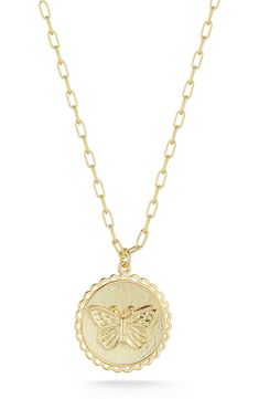 A gold vermeil, round pendant is stamped with a butterfly to style this fun-loving, accessory. 0.80" pendant Lobster clasp 14k gold plated sterling silver Imported Nickel Free Gold Butterfly Necklace, Gold Nickel-free Butterfly Necklace, Yellow Gold Butterfly Charm Pendant Necklace, Yellow Gold Round Jewelry With Butterfly Charm, Gold Butterfly Engraved Jewelry, Gold Round Pendant With Butterfly Charm, Butterfly Necklace, Round Pendant, Gold Plated Sterling Silver