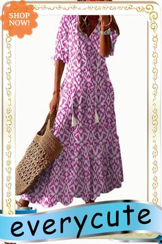 Pink V Neck Casual Geometric Print Maxi Dress Dresses By Length, Printed Maxi, Printed Maxi Dress, Women Dresses, Long Maxi Dress, Maxi Dresses, Geometric Print, Women's Fashion Dresses, Dresses Maxi